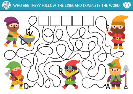 ABC labyrinth game with dwarf. Fairytale alphabet maze activity for preschool kids. Follow lines to find out the name of creatures. Magic creature printable activity with gnomesのイラスト素材