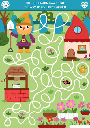 Dwarf maze for kids with garden landscape. Fairytale preschool printable activity with house, well, plants. Woodland fantasy labyrinth game, puzzle. Help the gnome find the way to flowersのイラスト素材