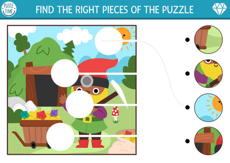 Matching activity with cute landscape with dwarf miner, mine shaft, gems. Fairytale puzzle, worksheet. Complete the scene. Fantasy woods match up game. Find missing parts of pictureのイラスト素材