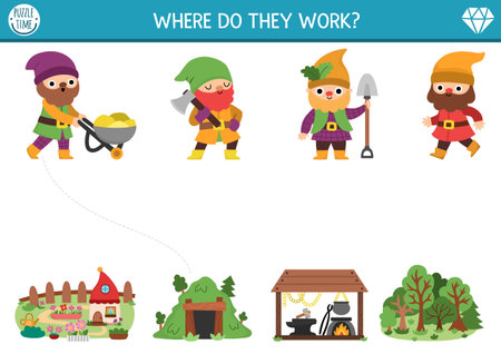 Matching activity with dwarfs going to work. Forest fairytale puzzle with cute gnomes, smithy, garden, mine. Match the objects game. Magic creature match up page, printable worksheetのイラスト素材