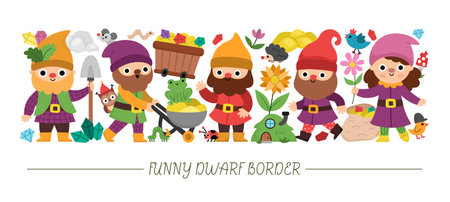 Vector horizontal frame with dwarf, forest animals, houses, fairytale creature. Magic garden or woodland card template design, banner. Cute fantasy border illustration with gnomesのイラスト素材