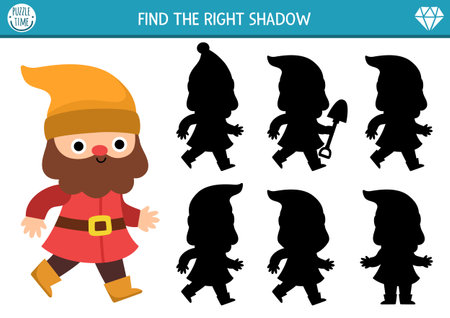 Shadow matching activity with cute dwarf. Fairytale puzzle with gnome. Find correct silhouette printable worksheet or game. Magic forest page for kids with fantasy creatureのイラスト素材