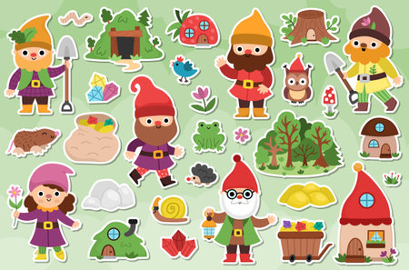 Vector dwarf sticker pack. Cute patches with magic creatures. Woodland, garden gnome icon collection. Fantasy forest illustrations. Fairytale clipart with mine, house, gems, forest, animalのイラスト素材