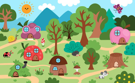 Vector horizontal forest landscape with little houses shaped as mushroom, berry, tree stump and cute animals and insects. Woodland scene or magic nature background with fantasy cozy cottageのイラスト素材