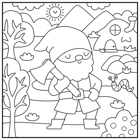 Vector black and white square scene with dwarf with axe, little hill house. Line landscape with gnome miner, worker or lumberjack. Woodland, fantasy forest background, coloring pageのイラスト素材
