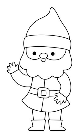 Vector black and white dwarf icon. Magic creature clipart. Cute fairytale line character waving hand. Woodland fantasy blacksmith gnome with beard. Forest fairy tale illustration, coloring pageのイラスト素材