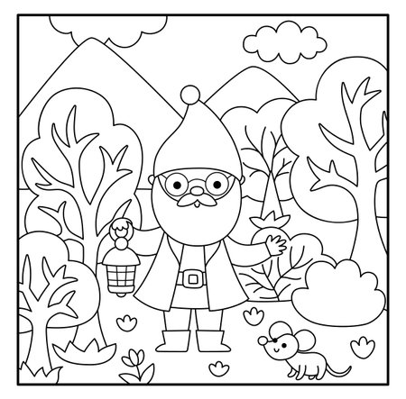 Vector black and white square scene with old dwarf with lantern standing among trees. Line landscape with gnome miner, worker, lumberjack. Woodland, fantasy forest background, coloring pageのイラスト素材