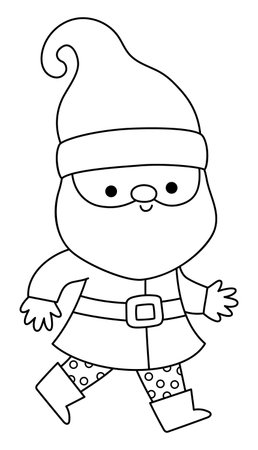 Vector black and white dwarf icon. Magic creature clipart. Cute fairytale line character. Woodland fantasy gnome with red hat, beard. Forest fairy tale illustration, coloring pageのイラスト素材