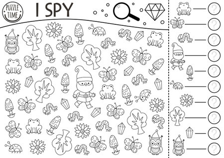 Dwarf black and white I spy game for kids. Searching and counting activity with gnome, frog, butterfly, tree, flower. Magic forest printable worksheet or coloring page. Woodland spotting puzzleのイラスト素材