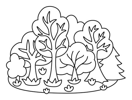 Vector black and white forest landscape. Woods line clipart with trees, flowers and bushes. Ecological or outdoor camping illustration, coloring page. Cute woodland scene with plantsのイラスト素材