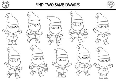 Find two same dwarfs. Fairytale black and white matching activity for children. Magic garden or forest quiz worksheet for kids for attention skills. Printable game, coloring page with cute gnomeのイラスト素材