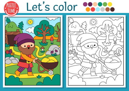 Pre-made coloring page for children with dwarf with wheelbarrow. Vector fairytale outline illustration with gnome and forest scene or landscape. Fantasy color book for kids with colored exampleのイラスト素材
