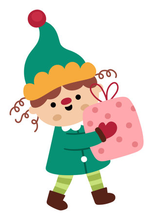 Vector cartoon Christmas elf in green hat holding present clipart. Cute new year symbol gnome illustration for kids. Winter holiday dwarf with gift icon isolated on white backgroundのイラスト素材