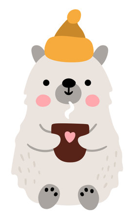 Vector cartoon polar or white bear in warm hat drinking hot drink. Christmas animal clipart. Cute new year symbol illustration for kids. Winter holiday icon isolated on white backgroundのイラスト素材