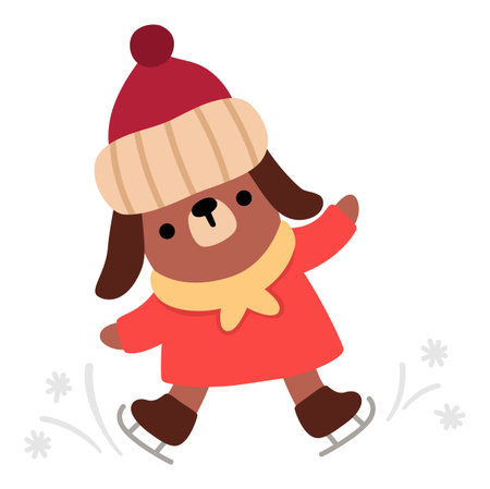 Vector cartoon Christmas ice skating dog in warm hat and clothes clipart. Cute new year little dog illustration for kids. Winter holiday animal with skates icon isolated on white backgroundのイラスト素材