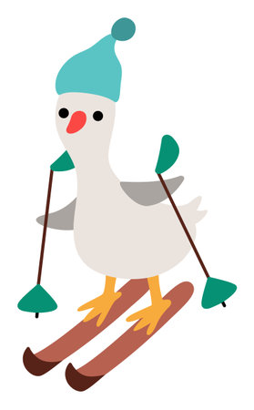 Vector cartoon Christmas skiing bird in warm hat clipart. Cute new year goose on skis illustration for kids. Winter holiday animal icon isolated on white backgroundのイラスト素材