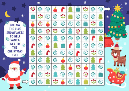 Christmas maze, seek and find game with winter snowy landscape. Attention skills puzzle. New Year printable activity. Logical searching puzzle. Follow snowflakes to help Santa get to treeのイラスト素材