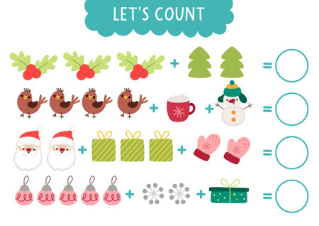 Counting game with cute Christmas symbols. New Year math activity for preschool children. Simple sums winter holiday printable worksheet for kids with present, tree, Santa, mittenのイラスト素材