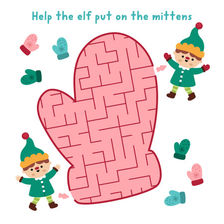 Christmas geometrical maze for kids. New Year preschool printable activity shaped as mitten on white background. Winter holiday labyrinth game puzzle with elf putting on warm gloveのイラスト素材