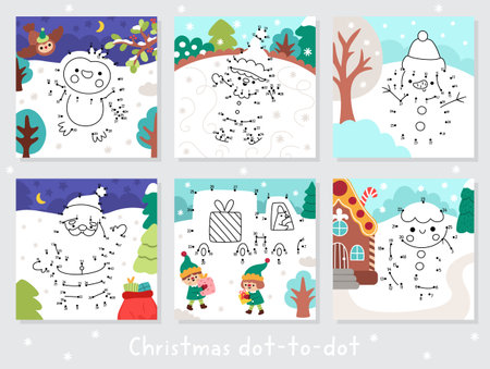 Christmas vector dot-to-dot and color activity set with colored winter snowy scenes. New Year connect the dots game with Santa Claus, elf, gingerbread man. What is missing printable worksheetのイラスト素材
