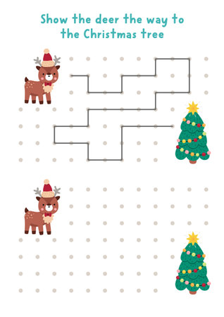 Christmas or New Year drawing, writing, tracing, space orientation activity for kids with deer, decorated fir tree. Draw lines in box according example. Winter holiday printable game, puzzleのイラスト素材