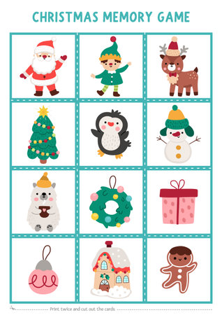 Vector Christmas memory game cards with cute New Year symbols. Winter holiday matching activity. Remember and find the correct card. Simple printable worksheet for kids with Santa Claus, elf, treeのイラスト素材