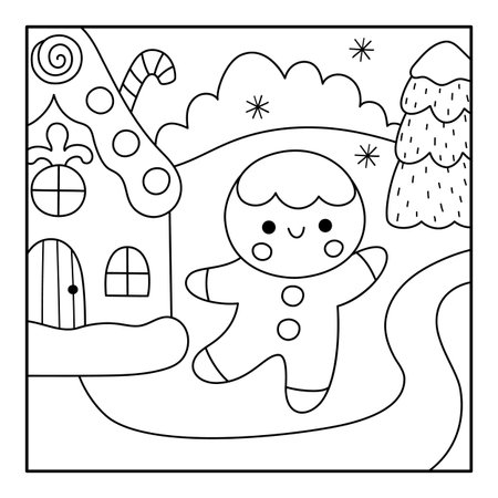 Vector black and white square Christmas village landscape. New Year line scene with gingerbread man and house, fir tree, snowflakes. Winter holiday background, coloring page for kidsのイラスト素材