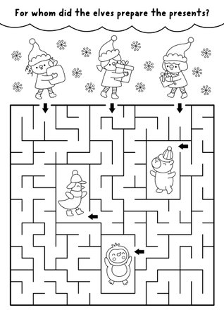 Christmas village black and white geometrical maze with elf giving presents to animal. Line labyrinth game with capybara, penguin, gift. Winter holiday printable activity, worksheet, coloring pageのイラスト素材