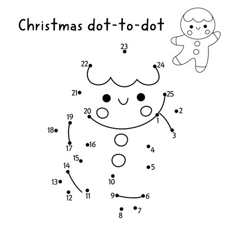 Christmas vector dot-to-dot and color activity with cute gingerbread man. Black and white New Year connect dots game for children with holiday symbol. Winter line printable worksheetのイラスト素材