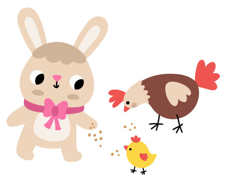 Vector Easter bunny feeding chick with hen. Funny rabbit icon. Cute spring or farm animal illustration for kids. Funny hare clipart isolated on white backgroundのイラスト素材