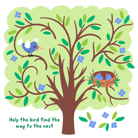 Easter village maze for children with blooming tree and blue bird searching way to her chicks in the nest. Cute labyrinth game with twigs, leaves, nestlings. Spring holiday printable activity, worksheetのイラスト素材