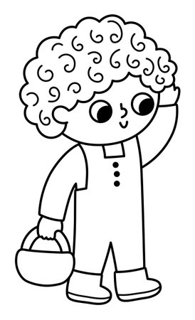 Boy with basket. Vector Easter egg hunt or mushroom gathering concept. Cute black and white kid icon. Spring holiday line illustration. Woodland or forest children, coloring pageのイラスト素材