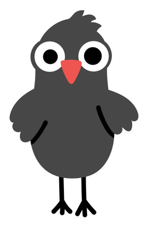 Vector black crow icon. Garden or city bird front view clipart. Cute animal character illustration for kids isolated on white backgroundのイラスト素材