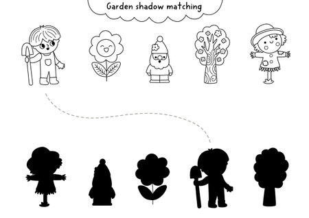 Garden black and white shadow matching activity with boy gardener, tree, flower, gnome, scarecrow. Spring line puzzle for kids. Find correct silhouette printable worksheet, game, coloring pageのイラスト素材