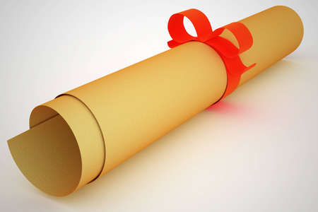 Ancient paper scroll with red stripe and bow.の写真素材