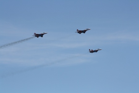 Russia, Gelendzhik, Gidroaviasalon - 2012, Tree Aircrafts Mig-29 of Aerobatic team Swifts in flightのeditorial素材