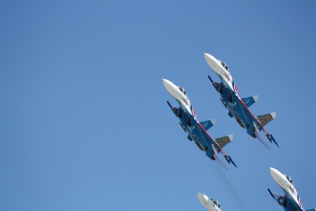 Russia, Gelendzhik, Gidroaviasalon - 2012, Four Aircrafts Su-27 of Aerobatic team Rusian knights in flightのeditorial素材