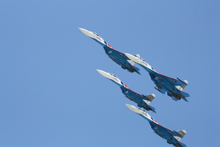 Russia, Gelendzhik, Gidroaviasalon - 2012, Four Aircrafts Su-27 of Aerobatic team Rusian knights in flightのeditorial素材