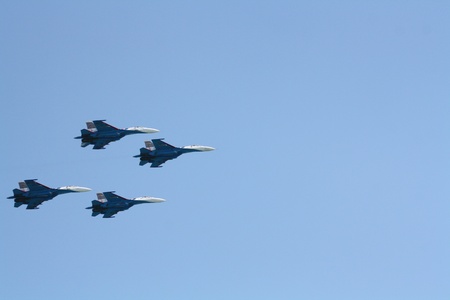 Russia, Gelendzhik, Gidroaviasalon - 2012, Four Aircraft Su-27 of Aerobatic team Rusian knights in flight のeditorial素材