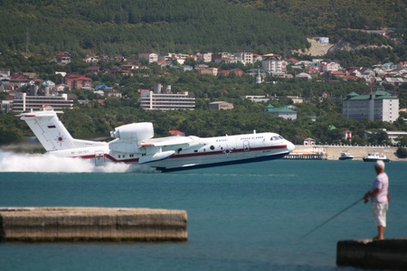 Gelendzhik, Russia - September 9  Seaplane of EMERCOM Russia off with waterのeditorial素材