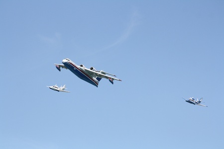 Gelendzhik, Russia - September 9  Seaplanes Be-200ES of EMERCOM Russia and two small planes, view from the bottomのeditorial素材