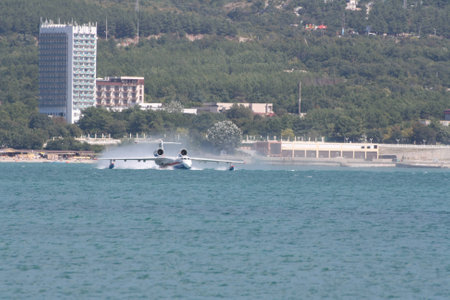 Gelendzhik, Russia - September 9  Seaplane of EMERCOM Russia off with waterの写真素材
