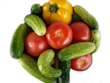 vegetable cucumber tomato and pepperの写真素材