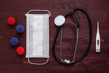 Abstract virus strain model. Outbreak Respiratory syndrome and Novel with free space on wooden background. Virus Pandemic banner concept.の写真素材