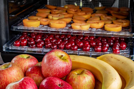 Fresh red apples and bananas on a chopping Board. In the background, a drying machine for...