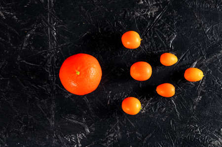 A few kumquats and a tangerine or orange on a dark background. The concept of leadership,...