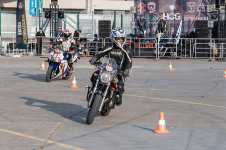 Kazan, Russia-September 26, 2020: Motorcycle gymkhana, doubles-in on route compete bikers on...