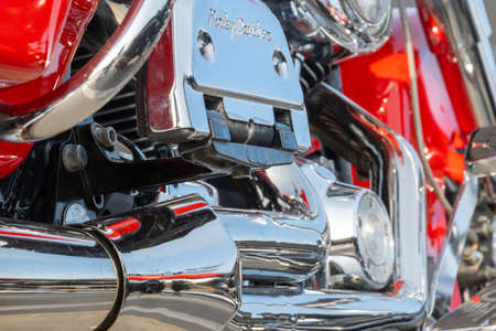 Kazan, Russia-September 26, 2020: Close-up of the engine part of a Harley Davidson motorcycle...