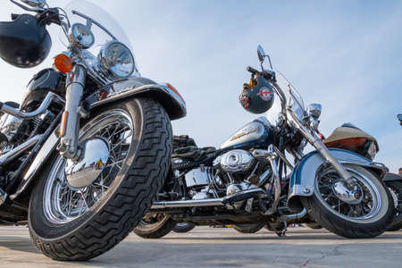 Kazan, Russia-September 26, 2020: Harley Davidson motorcycles standing in the parking lot during a...