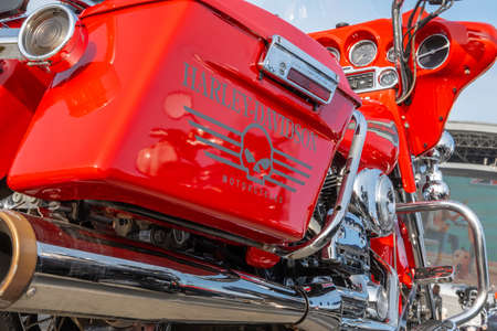 Kazan, Russia-September 26, 2020: Rear view of the exhaust pipes, trunk and engine of a Harley Davidson motorcycle standing in the parking lot during a biker meetingのeditorial素材
